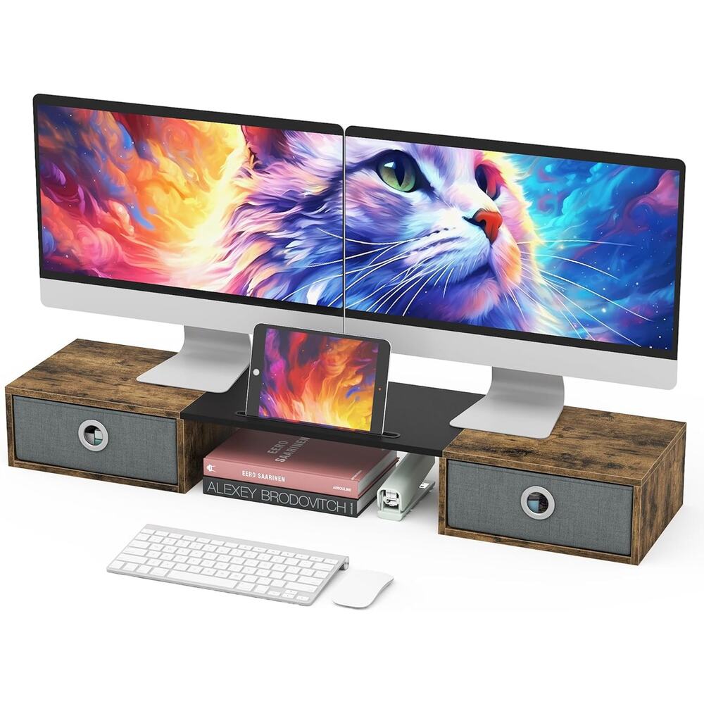 Dual Monitor Stand Riser with Two Drawers in Rustic Brown NIB